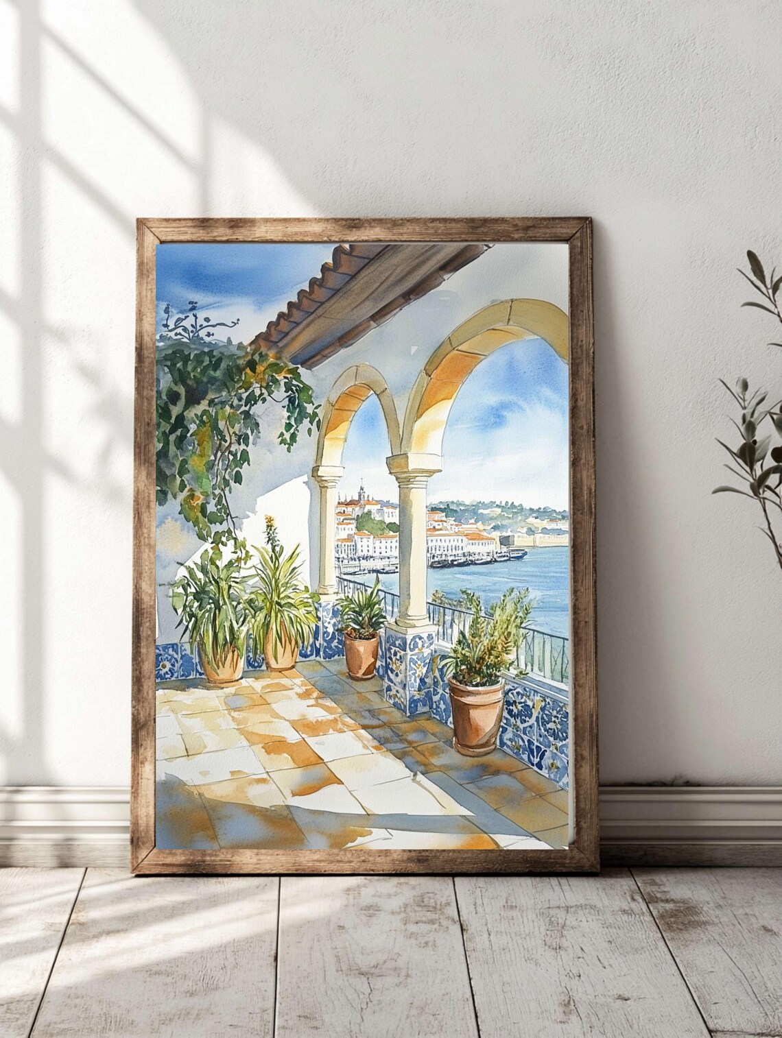 Lisbon Portugal Terrace Watercolor Print Arched Balcony River View