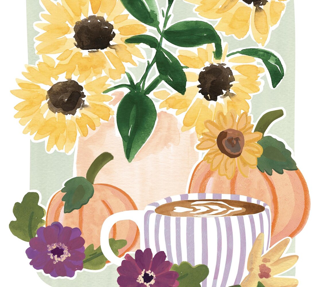 Fall Coffee Still Life with Pumpkins, Sunflowers Art Print - Image 3