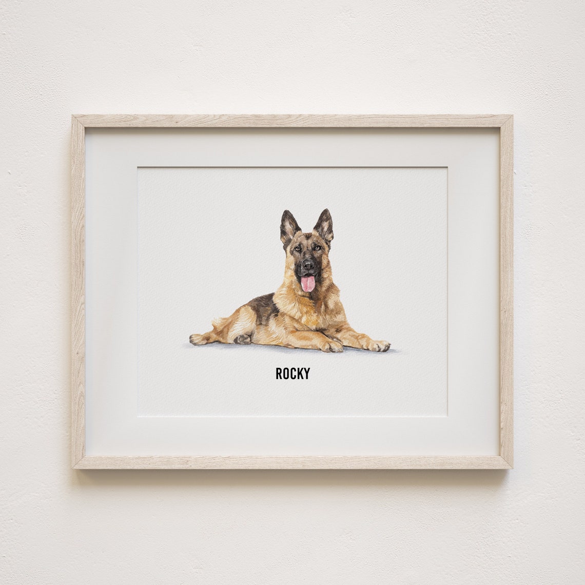 German Shepherd Lying Down Watercolor Pet Portrait Print Named Rocky