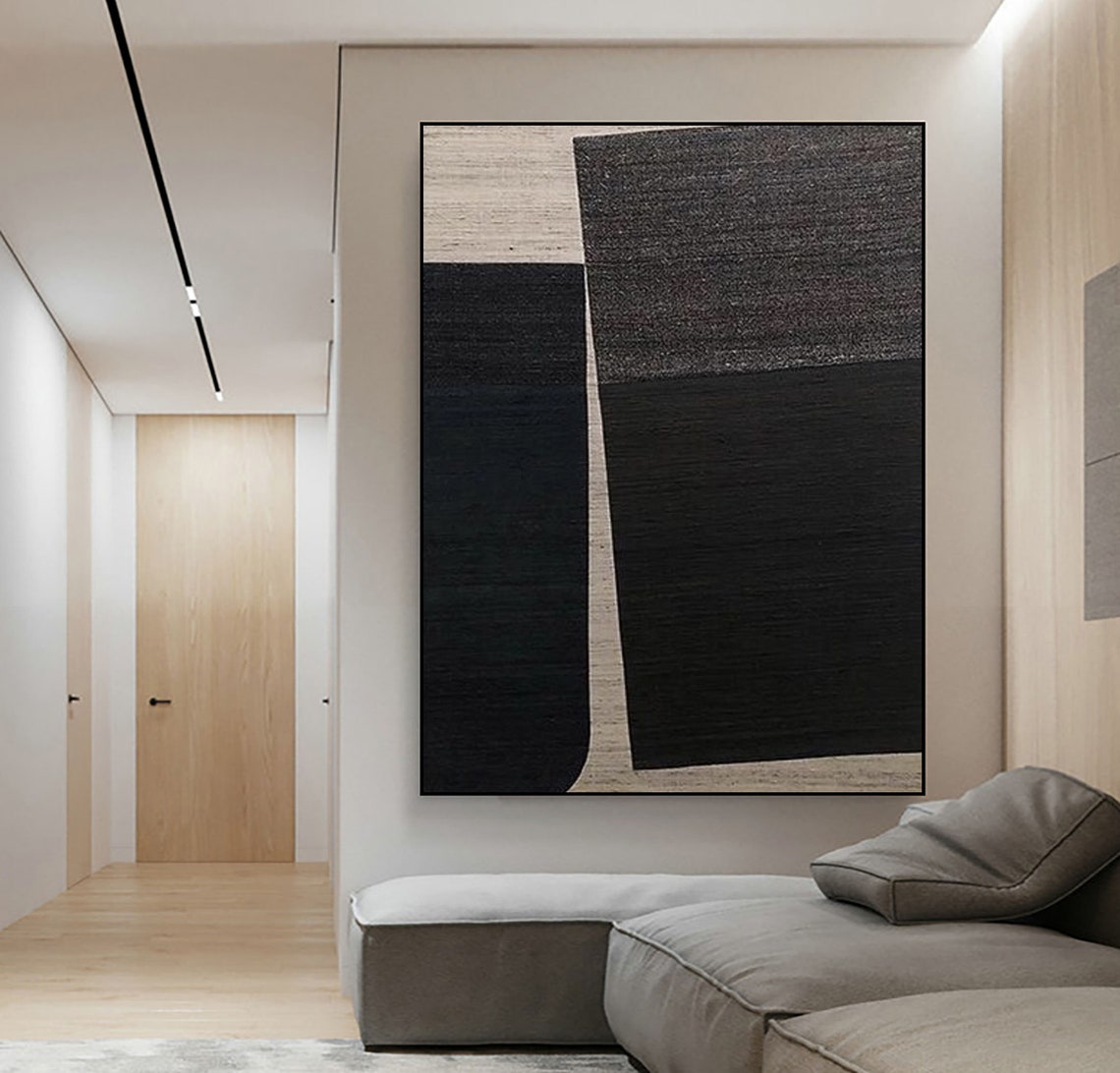 Dark Charcoal Black Blocks Beige Stripe Modern Abstract Poster - Image 2