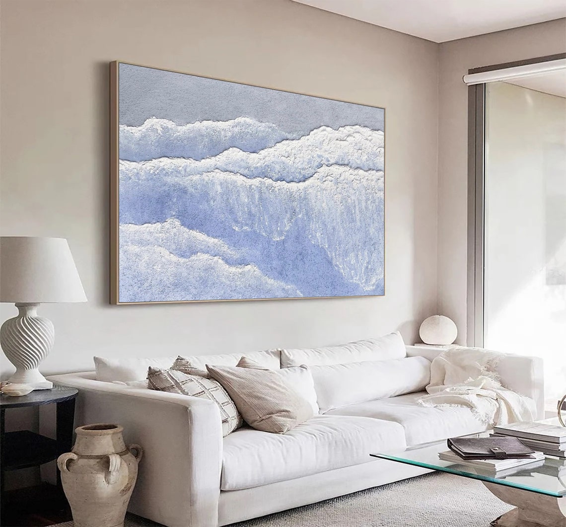 Pale Blue Ocean Waves White Foam Textured Abstract Impasto Poster - Image 2