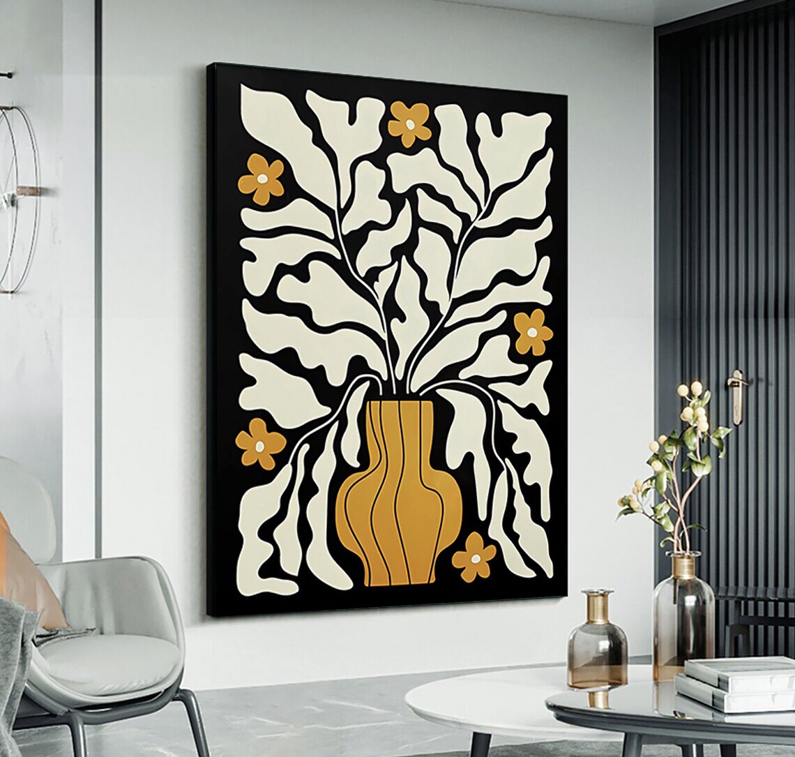 Bold Black Botanical Art With Cream Leaves and Mustard Vase Poster - Image 4