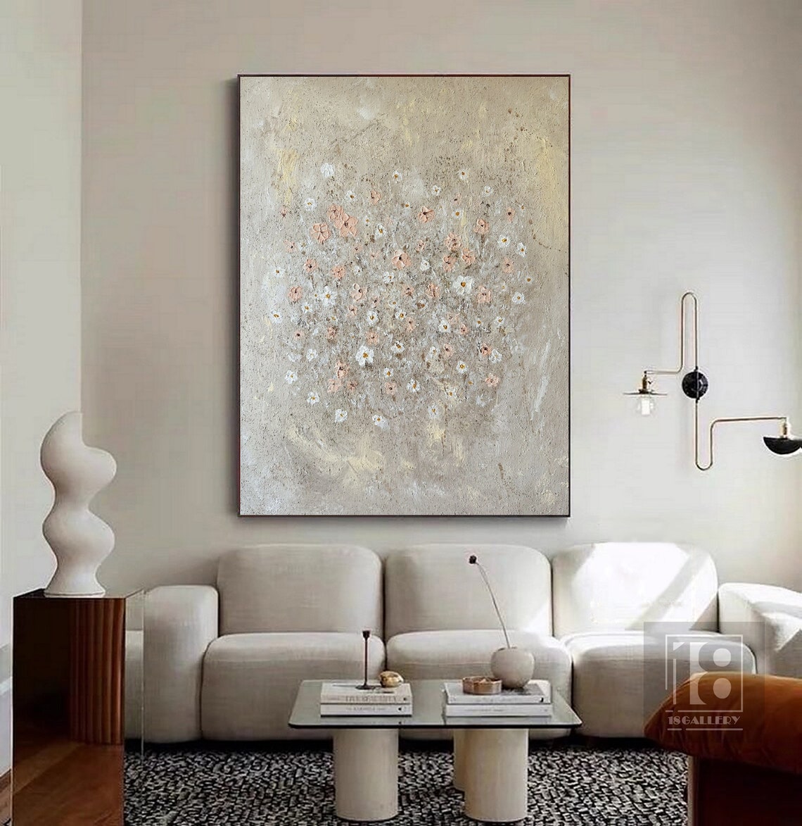 Tiny White and Pink Wildflowers on Beige Textured Botanical Art Poster - Image 2