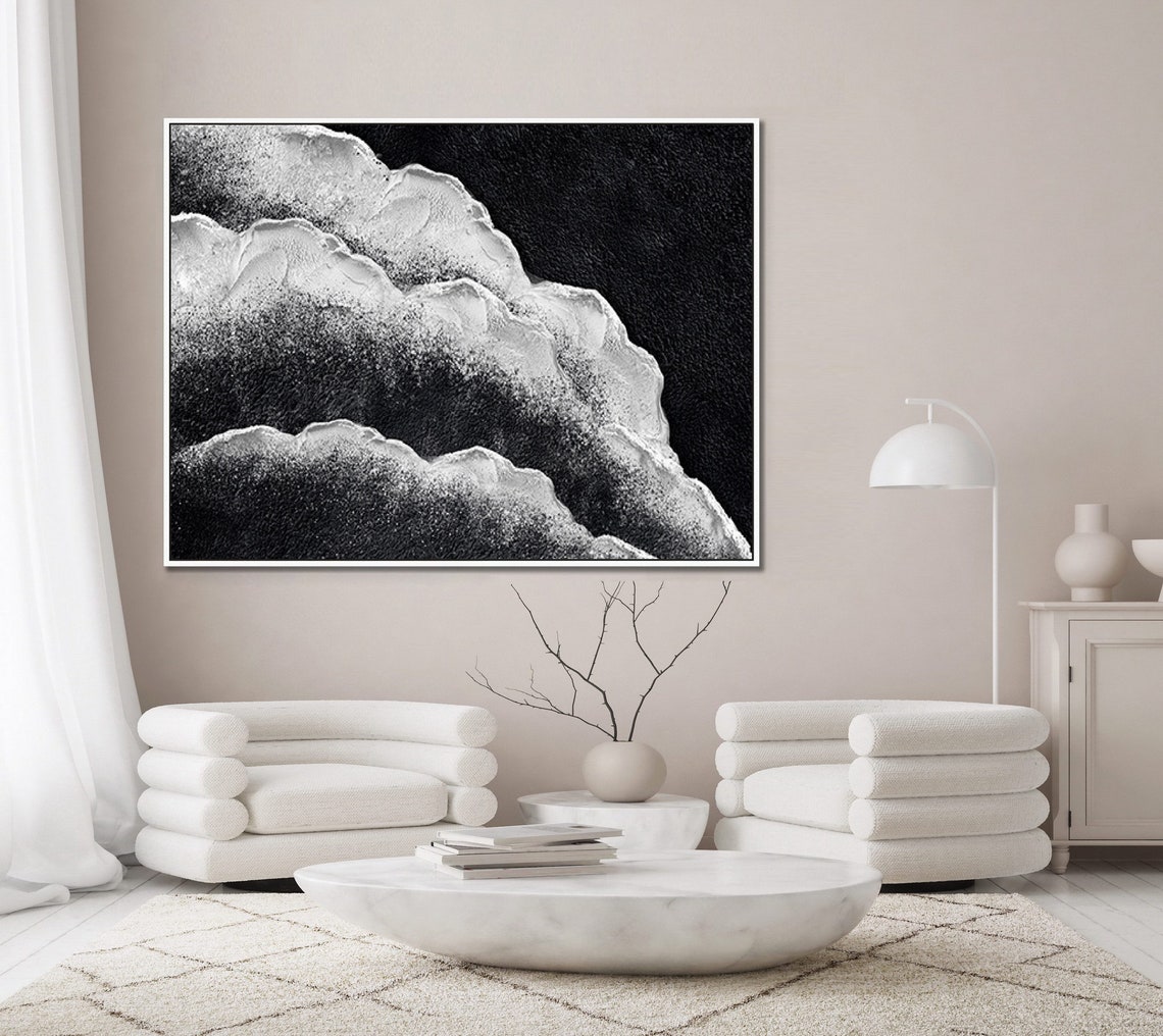 Black and White Aerial Ocean Waves Foam Dramatic Abstract Art Poster - Image 5