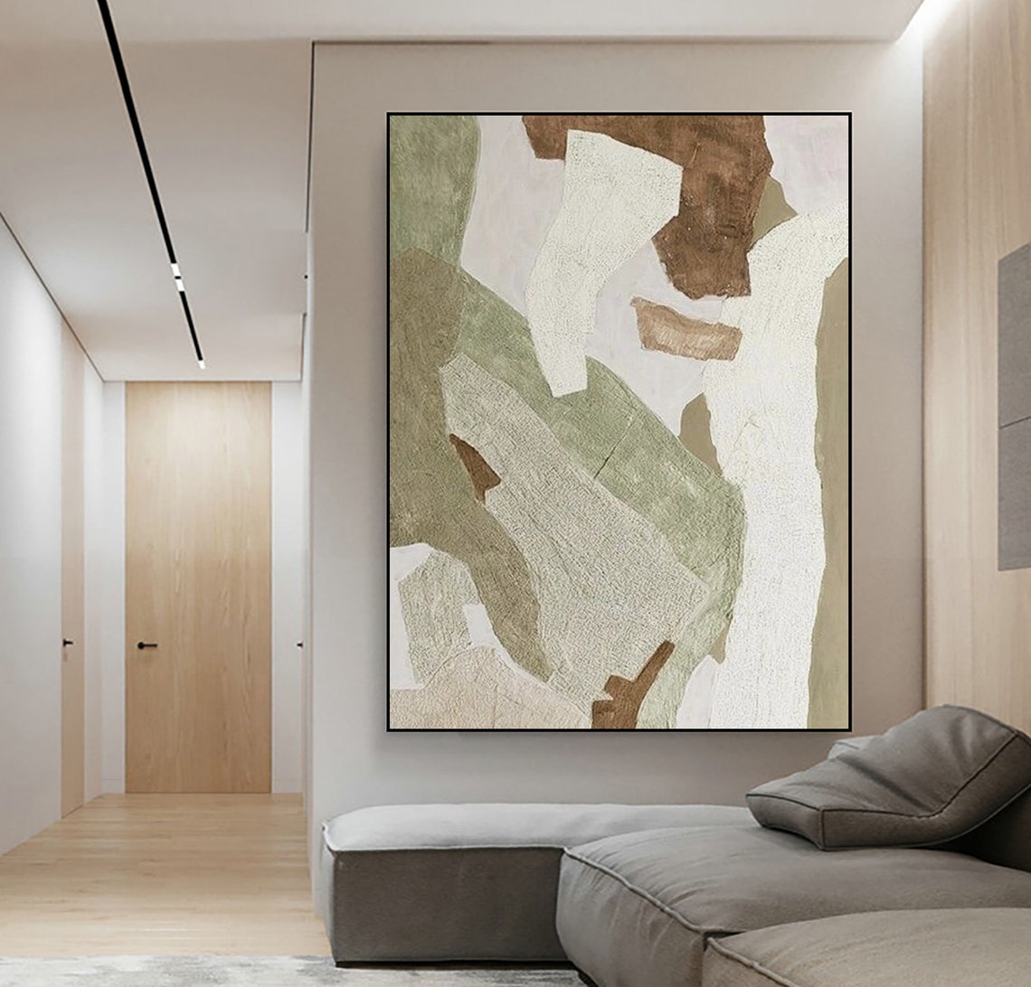 Abstract Sage Green Cream and Brown Patchwork Shape Painting Poster - Image 2