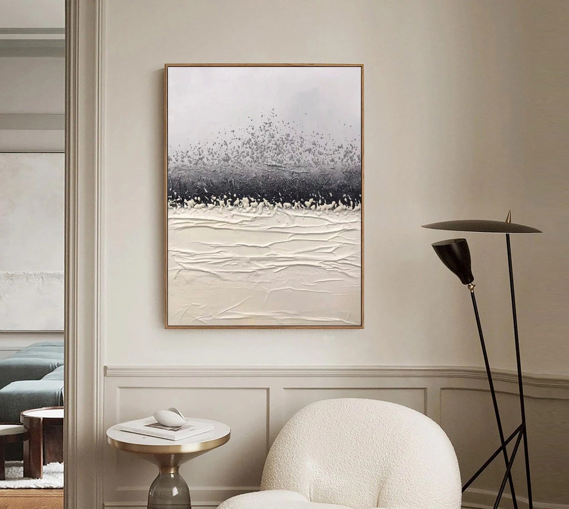 Stormy Black Band Over White Waves Textured Abstract Neutral Poster - Image 3