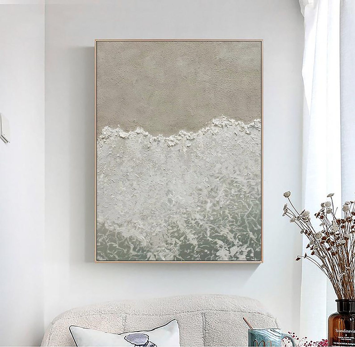 White Sea Foam Waves over Sage Sand Textured Coastal Ocean Poster - Image 5