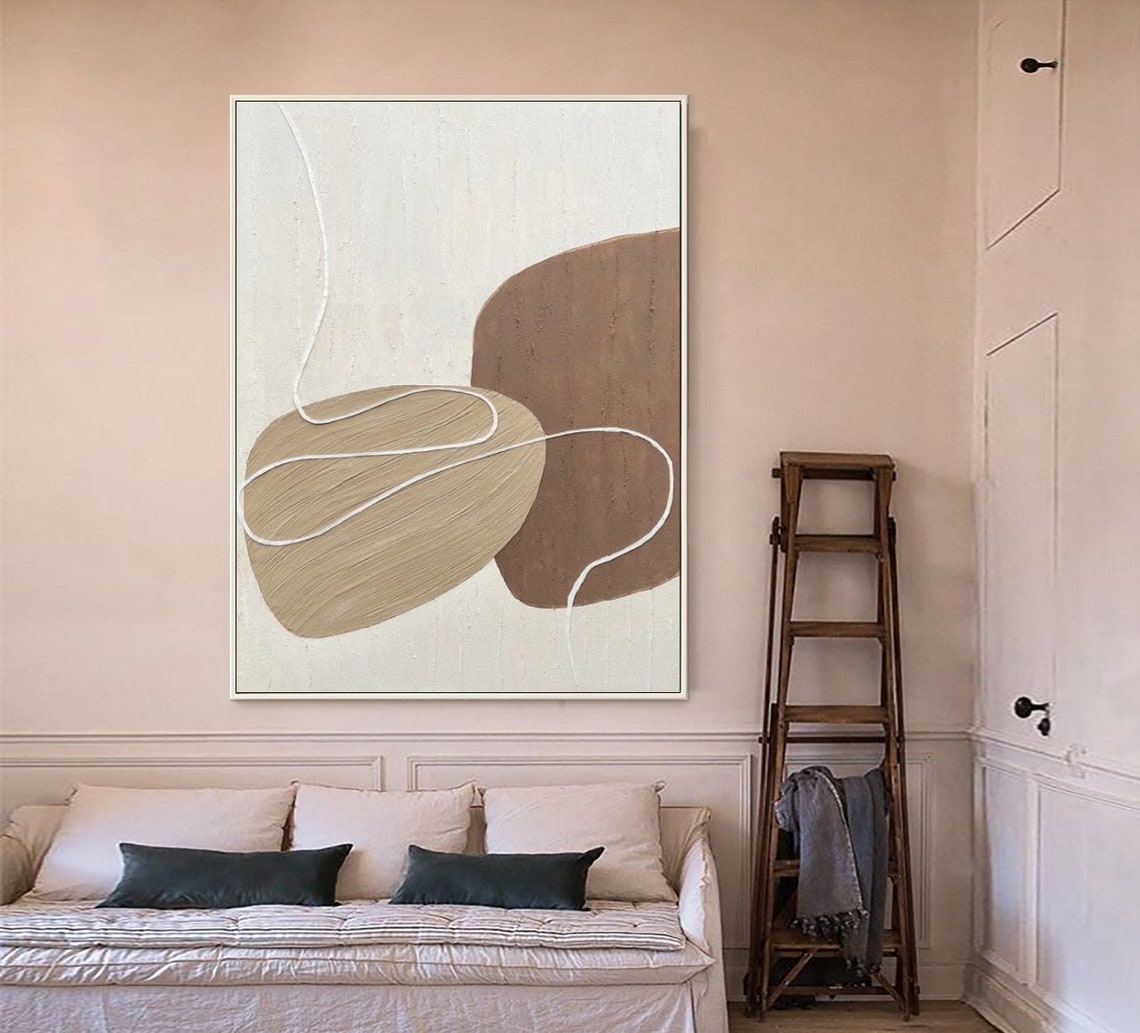 Overlapping Tan Rounded Forms With White Wave Line Art Poster - Image 3