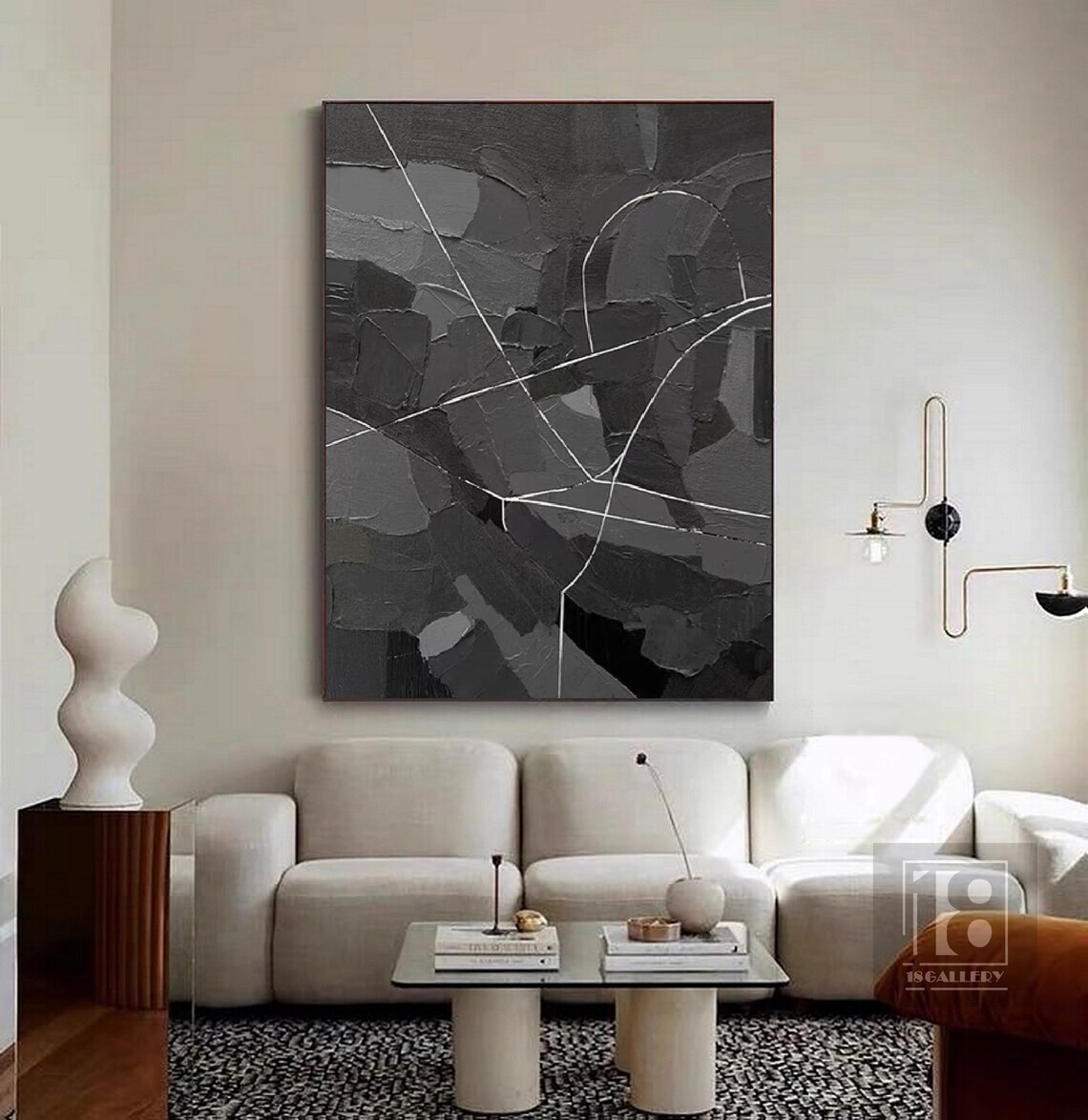 Charcoal Black Textured Abstract Painting With White Line Veins Poster - Image 4