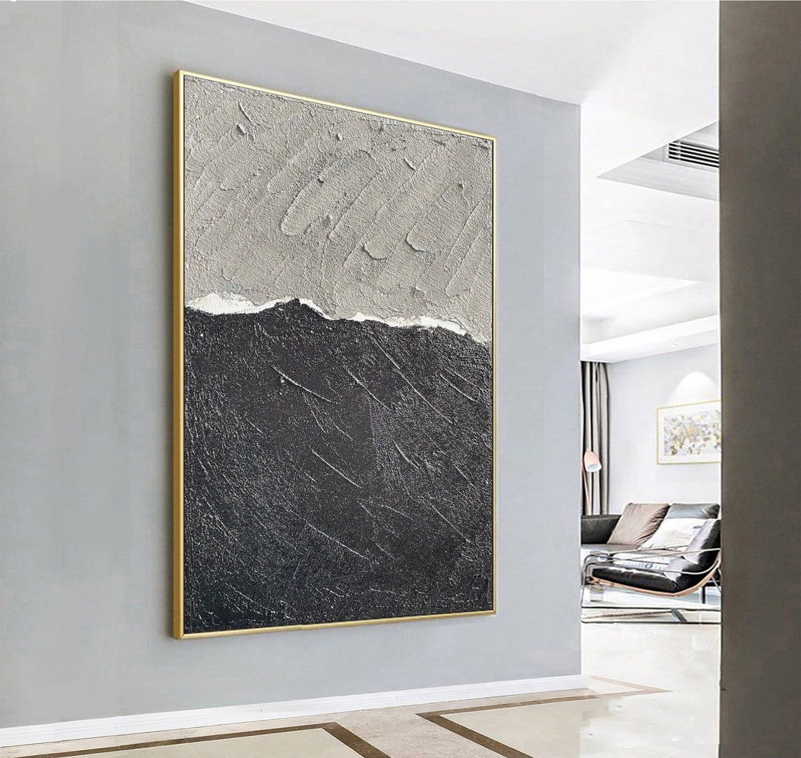 Torn Horizon Gray Sky Over Black Sea Textured Abstract Poster - Image 5
