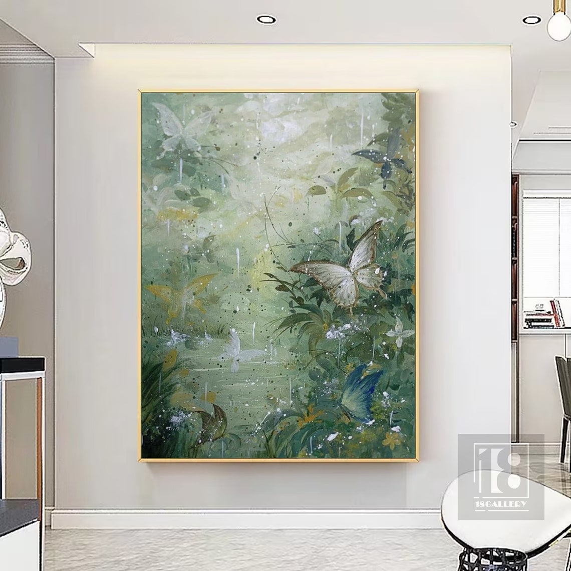 Green Butterfly Garden With White Butterflies Nature Painting Poster - Image 4