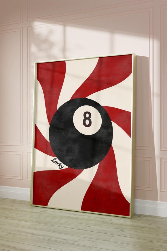 Vintage Pool Ball Wall Art Lucky 8 Ball Print Retro Bar Cart Artwork Trendy Apartment Decor Red And Black Aesthetic Poster