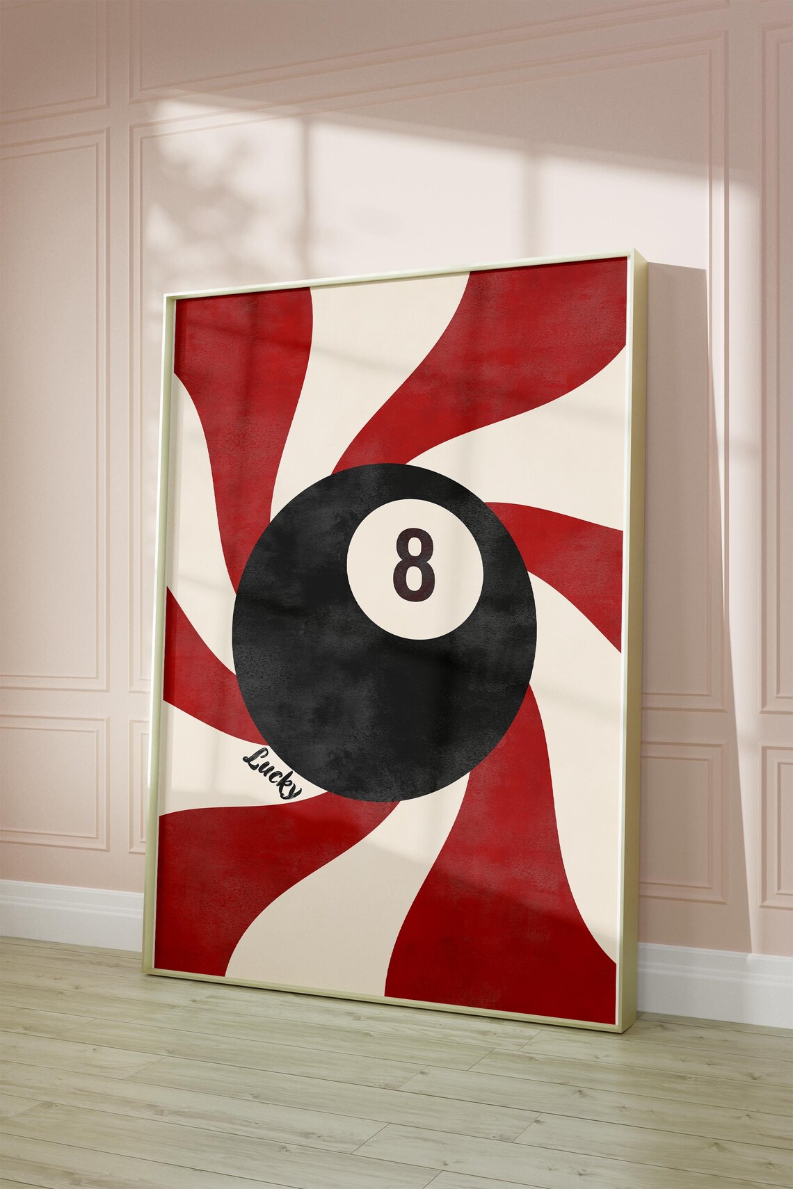 Bold Peppermint Lucky 8 Ball Red White Swirl Retro Bar Cart Poster