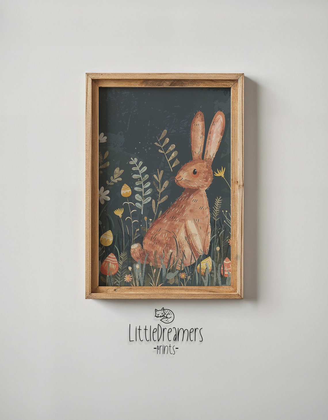 Brown Bunny Dark Meadow Wildflowers Patterned Eggs Nursery Poster