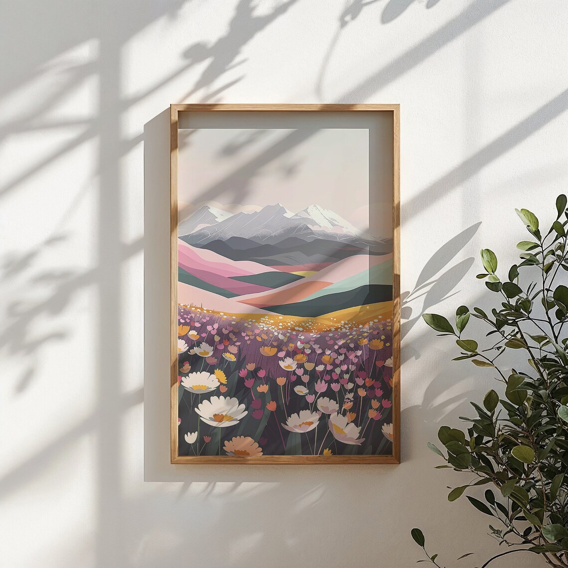 Pastel Wildflower Field Layered Mountains Landscape Art Wall Poster - Image 5