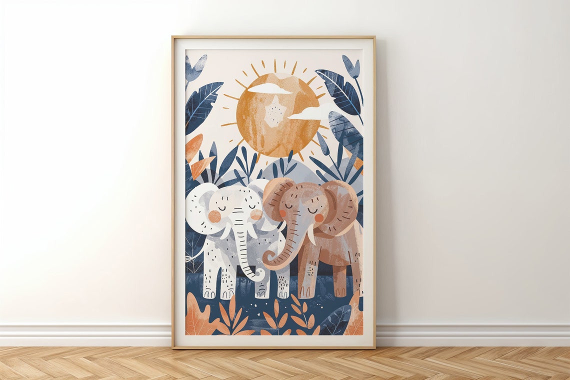 Two Elephants Sun Nursery Poster Jungle Foliage Safari Kids Room Art - Image 5