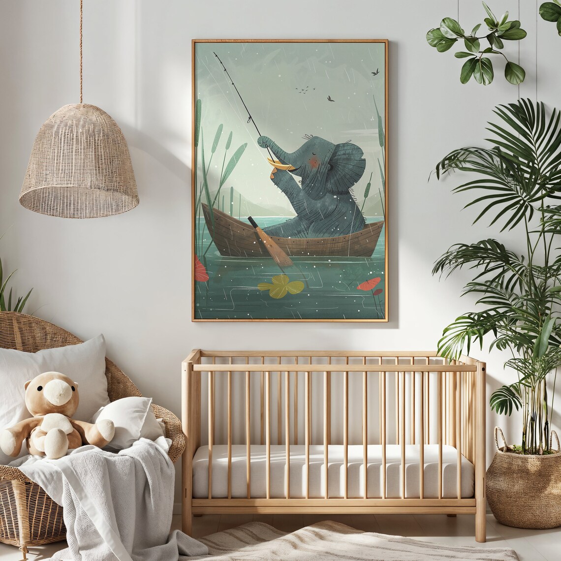 Elephant Fishing From Boat In Rain Whimsical Kids Nursery Wall Art Poster - Image 4