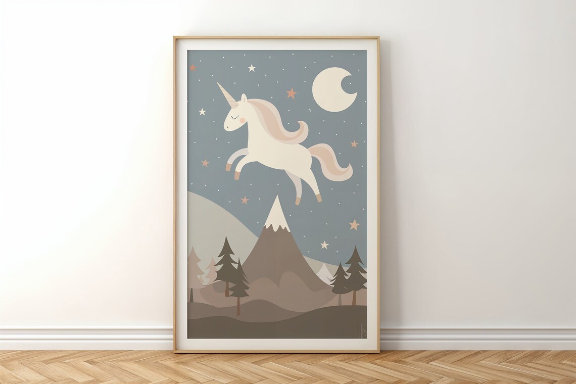 Leaping Unicorn Moon Stars Mountain Night Kids Room Wall Poster - Image 4