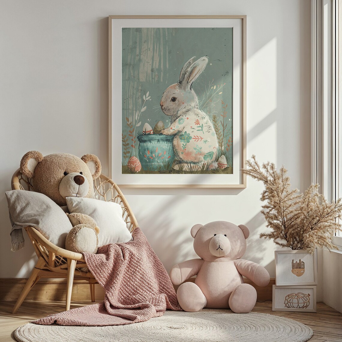 Easter Bunny Art Print, Nursery Spring Rabbit With Eggs - Image 3