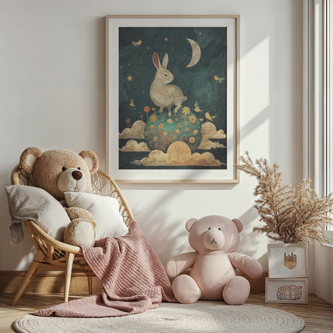 Moonlit Bunny Birds Nursery Art Print, Celestial Rabbit - Image 3