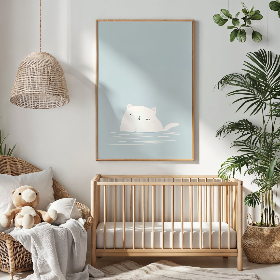 White Cat Bath Time Calm Blue Minimalist Nursery Wall Art Poster - Image 3