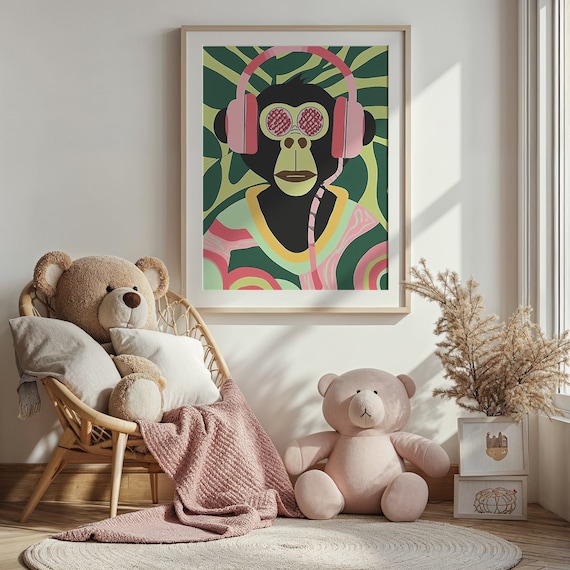 Cool Monkey Wearing Pink Headphones Psychedelic Jungle Music Art Print