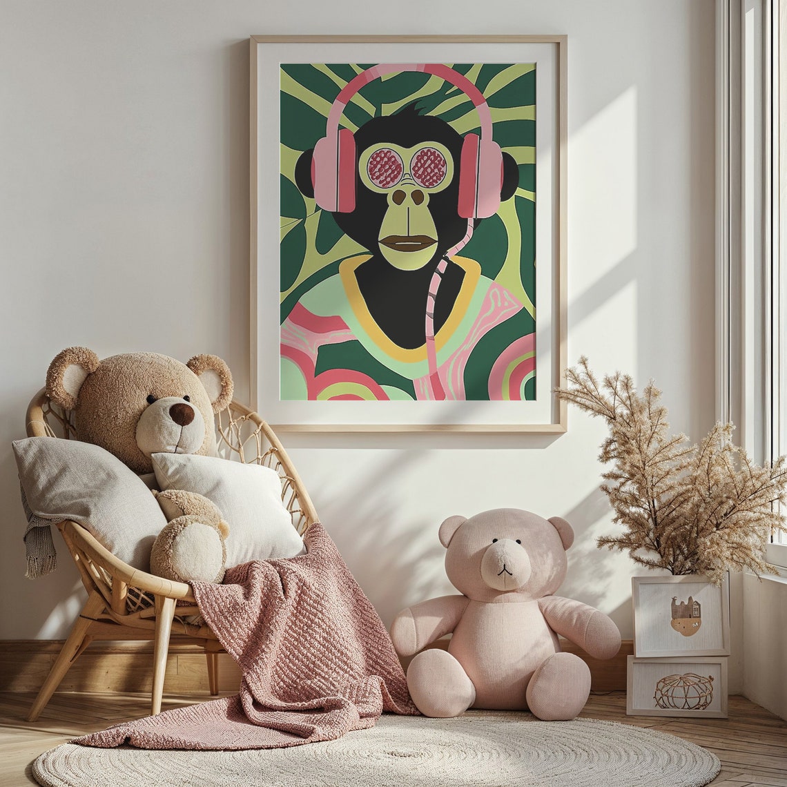 Cool Monkey Wearing Pink Headphones Psychedelic Jungle Music Art Print