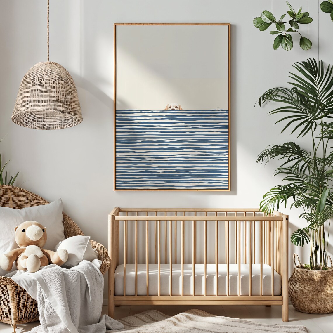 Peeking Puppy, Navy Stripes Nursery Art Print - Image 3