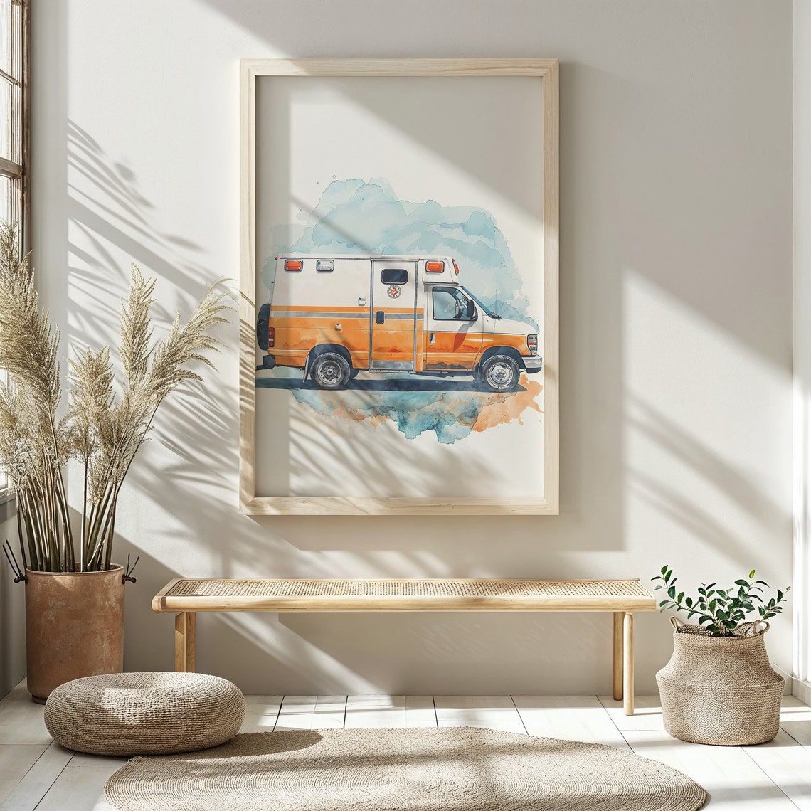 Orange Watercolor Ambulance Van Splash Art Kids Room Wall Poster