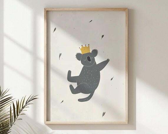 Happy Crowned Gray Koala Waving Gold Crown Minimalist Nursery Poster