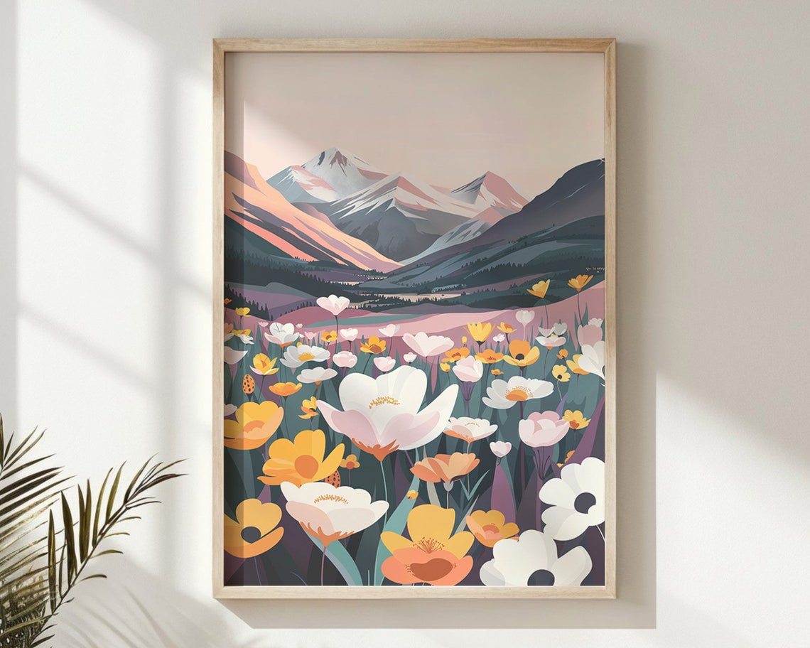 Alpine Wildflower Valley Pink Dawn Mountain Landscape Wall Poster