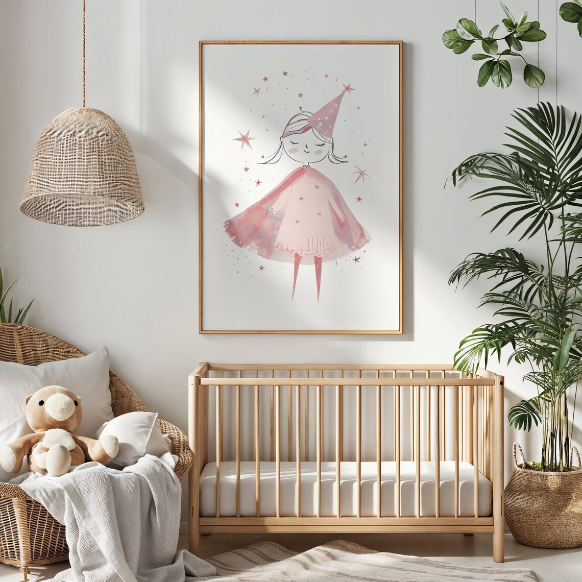 Fairy Princess Girl Pink Watercolor Party Hat Stars Nursery Poster - Image 3