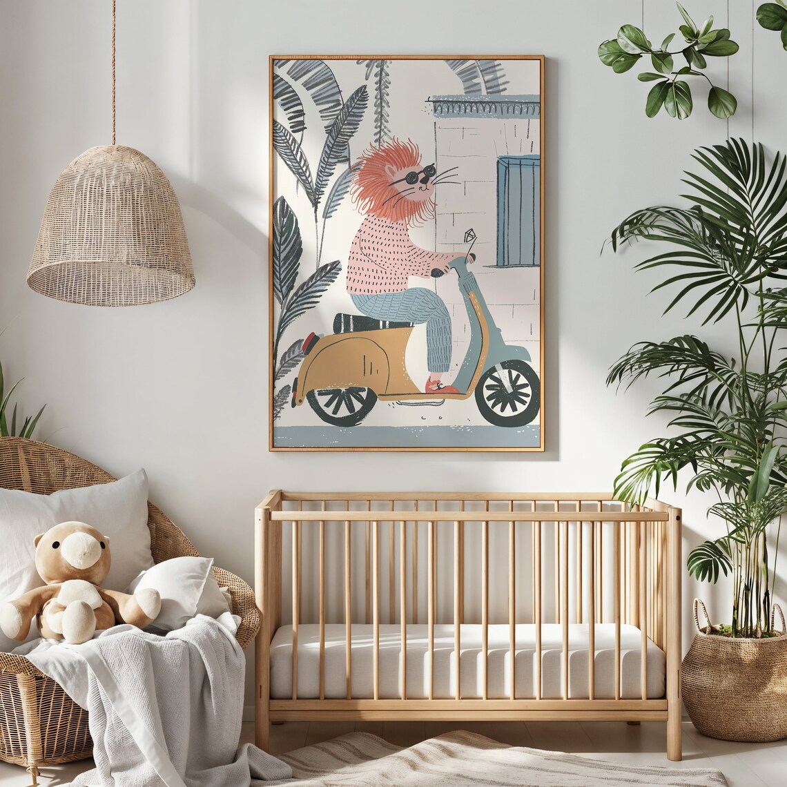 Cool Lion Riding Scooter Nursery Poster Sunglasses Playful Kids Art - Image 3