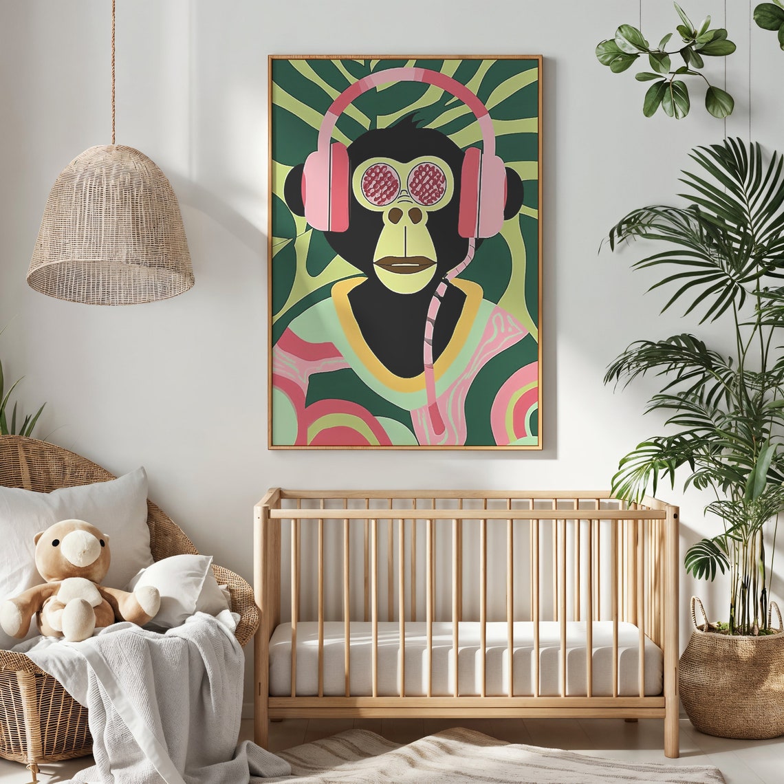 Cool Monkey Wearing Pink Headphones Psychedelic Jungle Music Art Print - Image 2