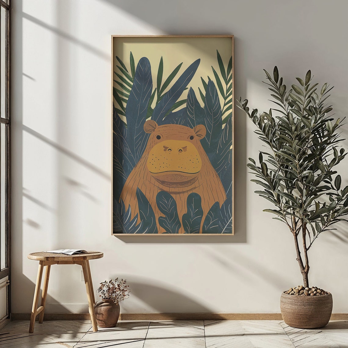 Smiling Hippo Peeking From Navy Jungle Leaves Nursery Poster - Image 6