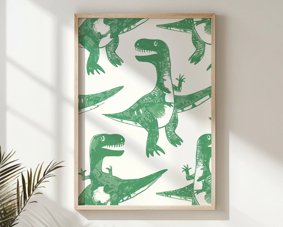 Bright Green Raptor Linocut Pattern White Nursery Kids Room Art Poster