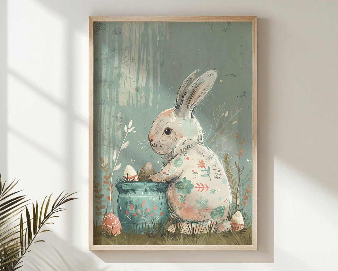 Easter Bunny Art Print, Nursery Spring Rabbit With Eggs