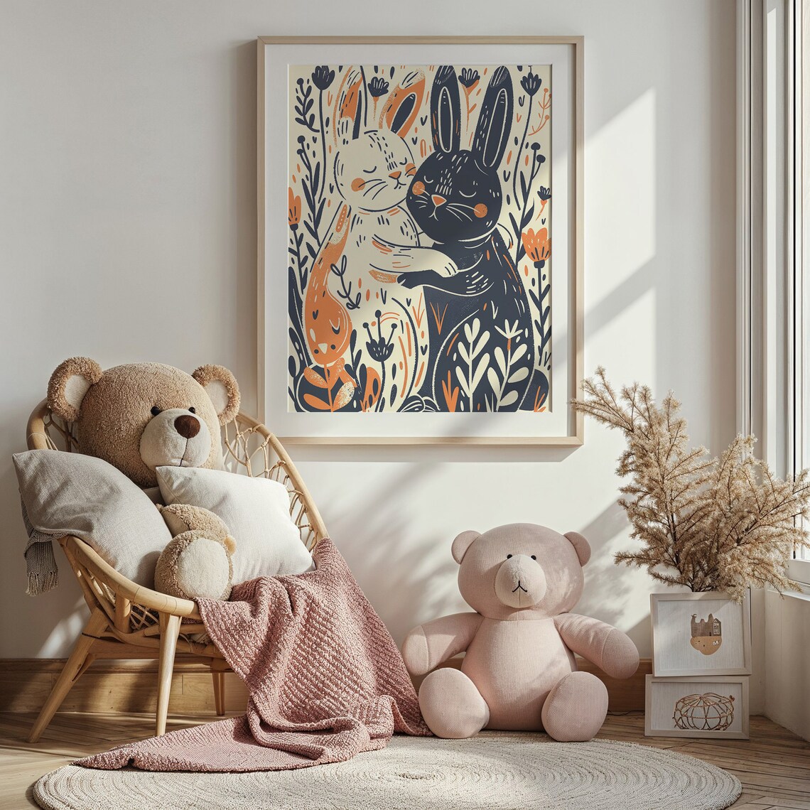 Two Bunnies Hugging Floral Illustration Whimsical Easter Wall Art Poster - Image 4