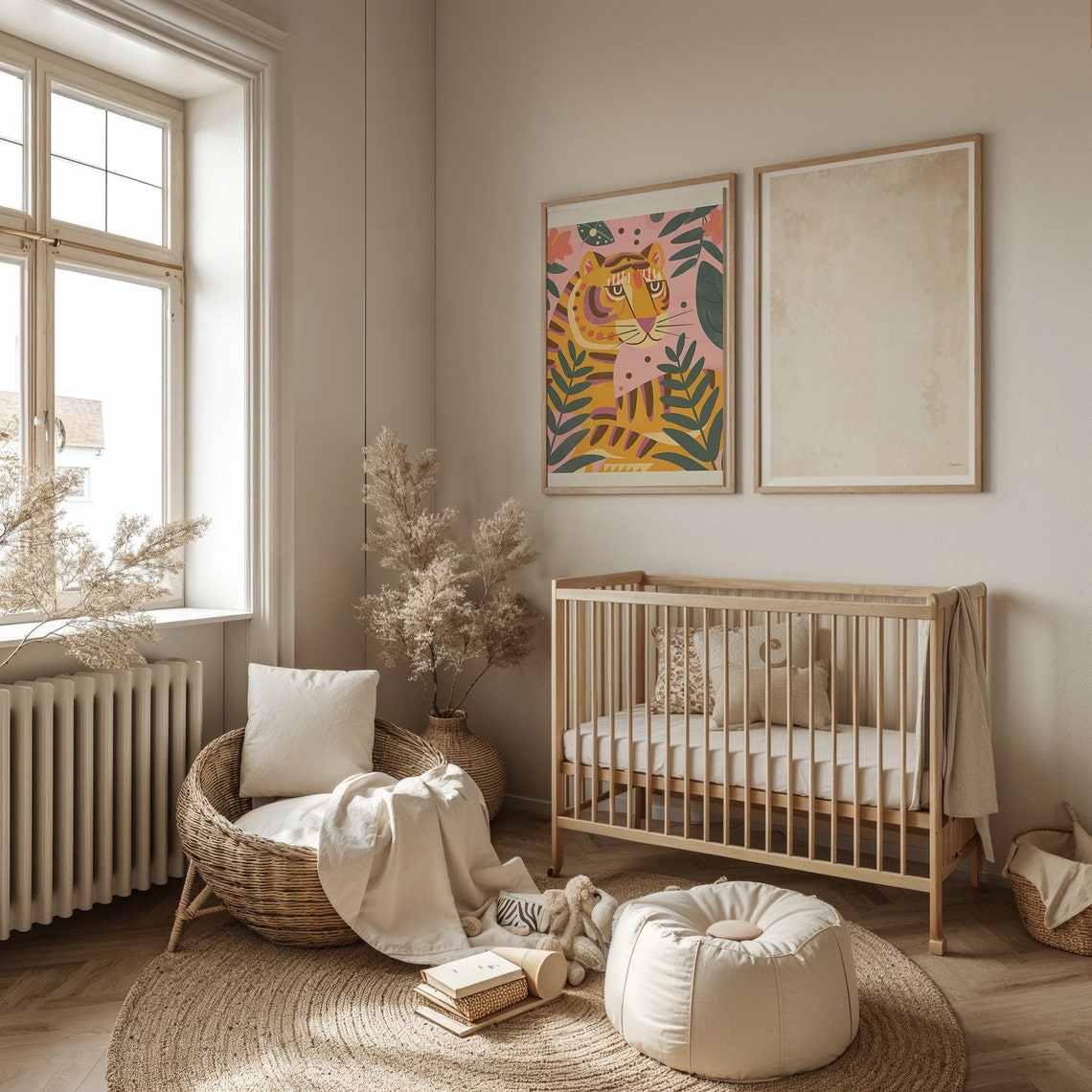 Stylized Orange Tiger Pink Jungle Foliage Bold Nursery Poster - Image 2