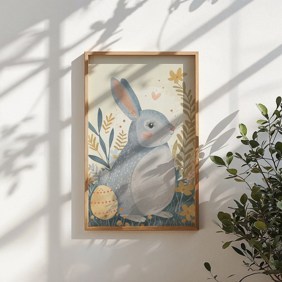 Cute Blue Bunny With Dotted Easter Egg Yellow Flowers Kids Art Print - Image 5