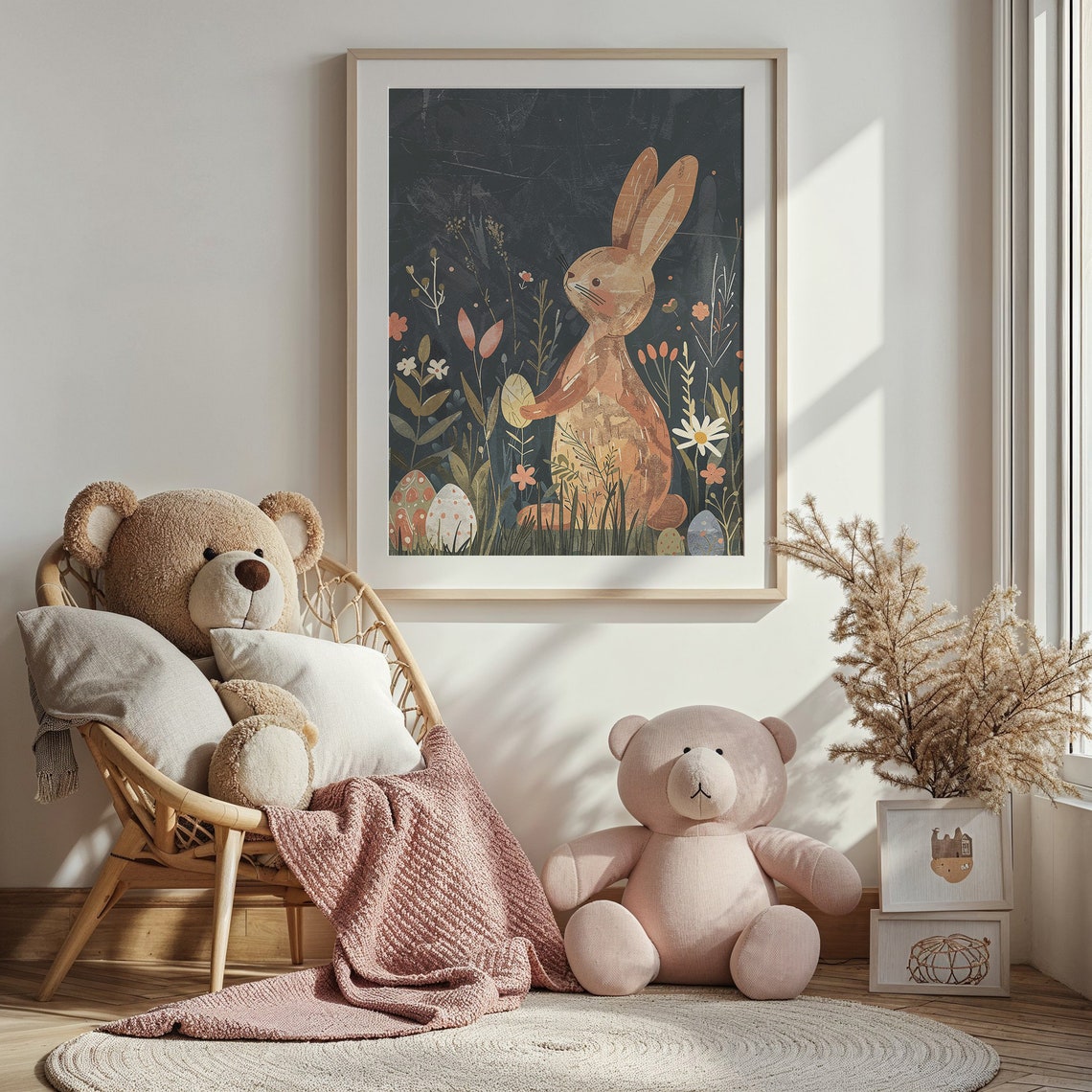 Golden Bunny Sunlit Meadow Wildflowers Speckled Eggs Spring Poster - Image 3