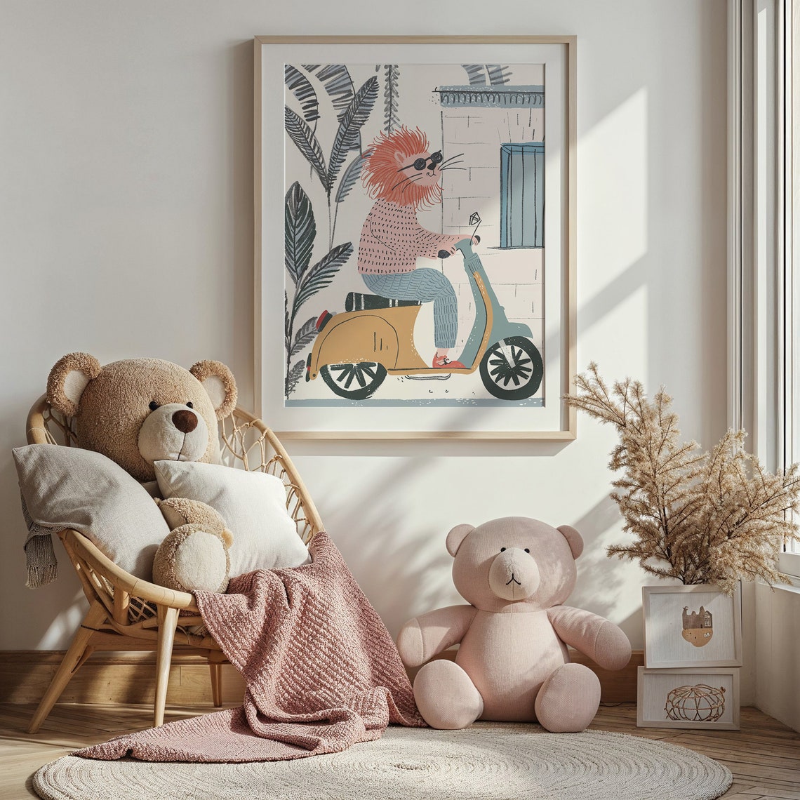 Cool Lion Riding Scooter Nursery Poster Sunglasses Playful Kids Art - Image 4