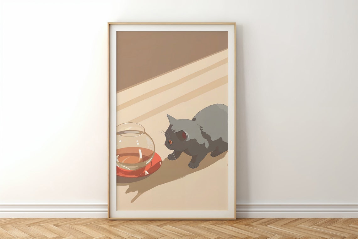 Grey Cat Watching Fishbowl Curious Kitty Retro Beige Nursery Poster - Image 6