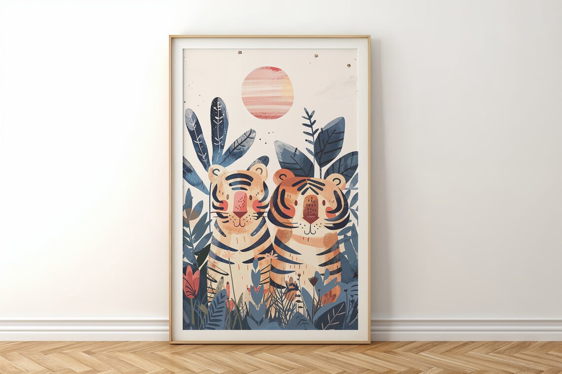 Two Tigers Jungle Nursery Poster Sun Foliage Playful Safari Kids Art - Image 4