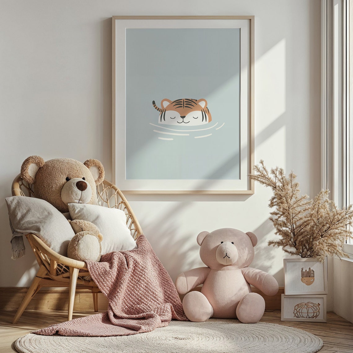 Sleepy Tiger Cub Bath Time Calm Blue Minimalist Nursery Wall Poster - Image 3