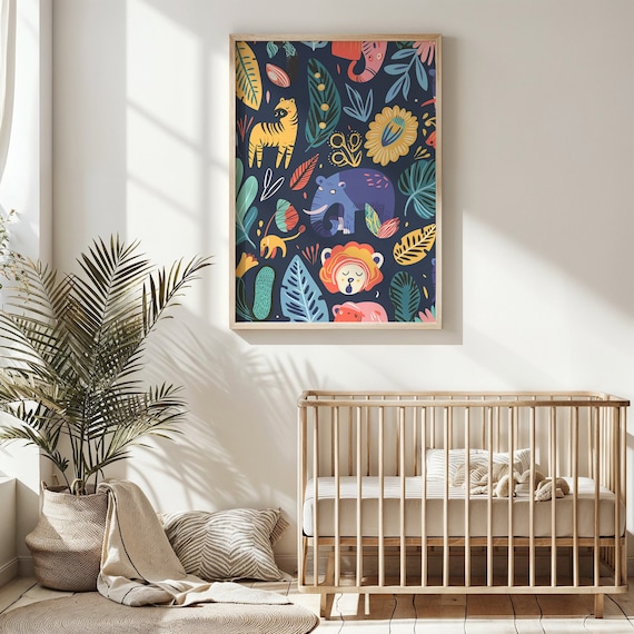 Colorful Jungle Safari Animals Pattern Dark Navy Nursery Wall Art Print