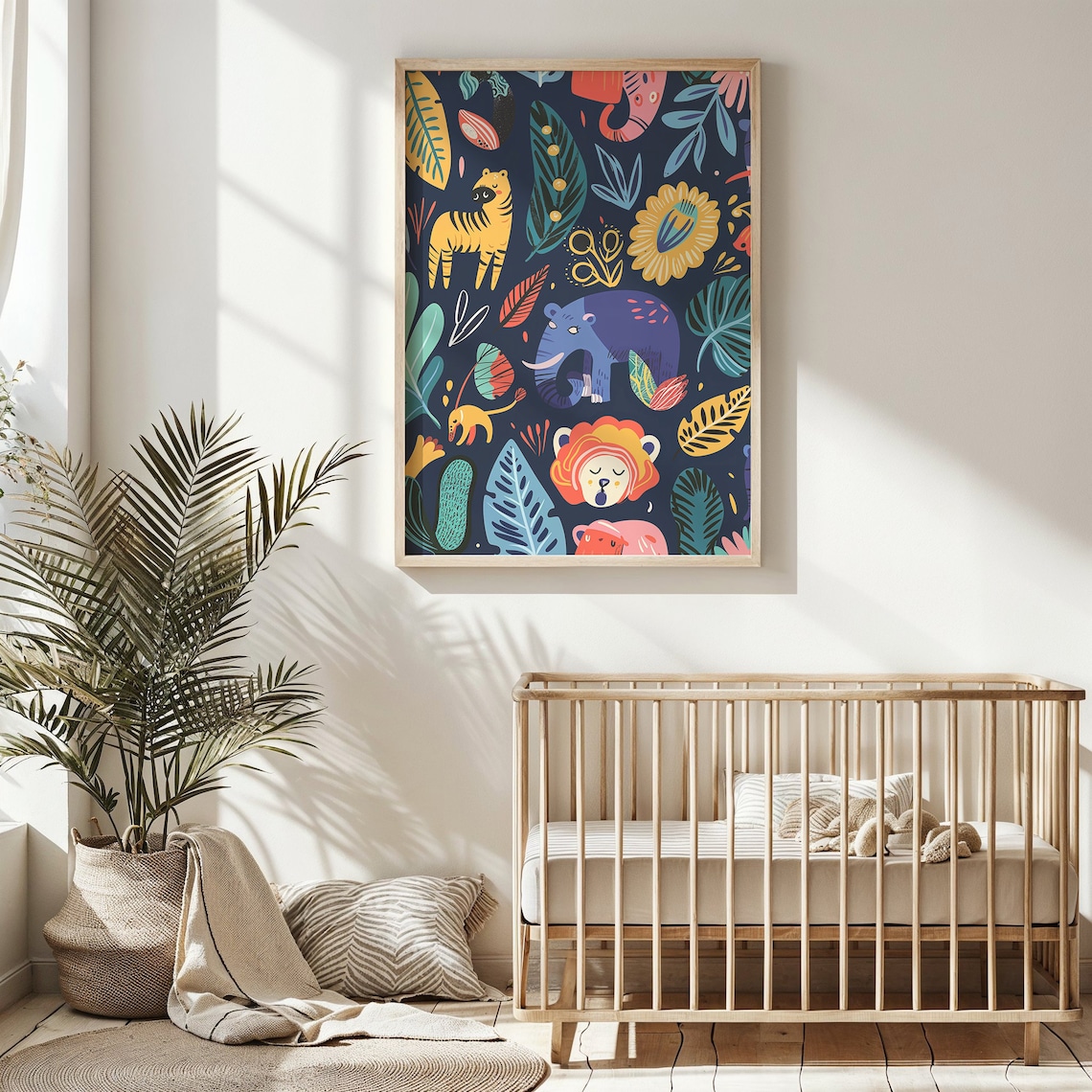 Colorful Jungle Safari Animals Pattern Dark Navy Nursery Wall Art Print
