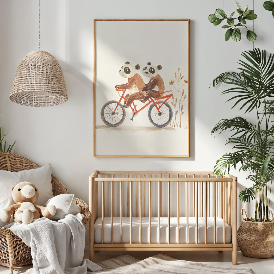 Two Pandas Riding Tandem Bicycle Watercolor Nursery Kids Room Poster - Image 3