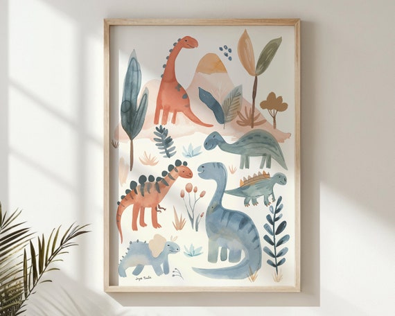Watercolor Dinosaurs Nursery Poster Print for Playroom
