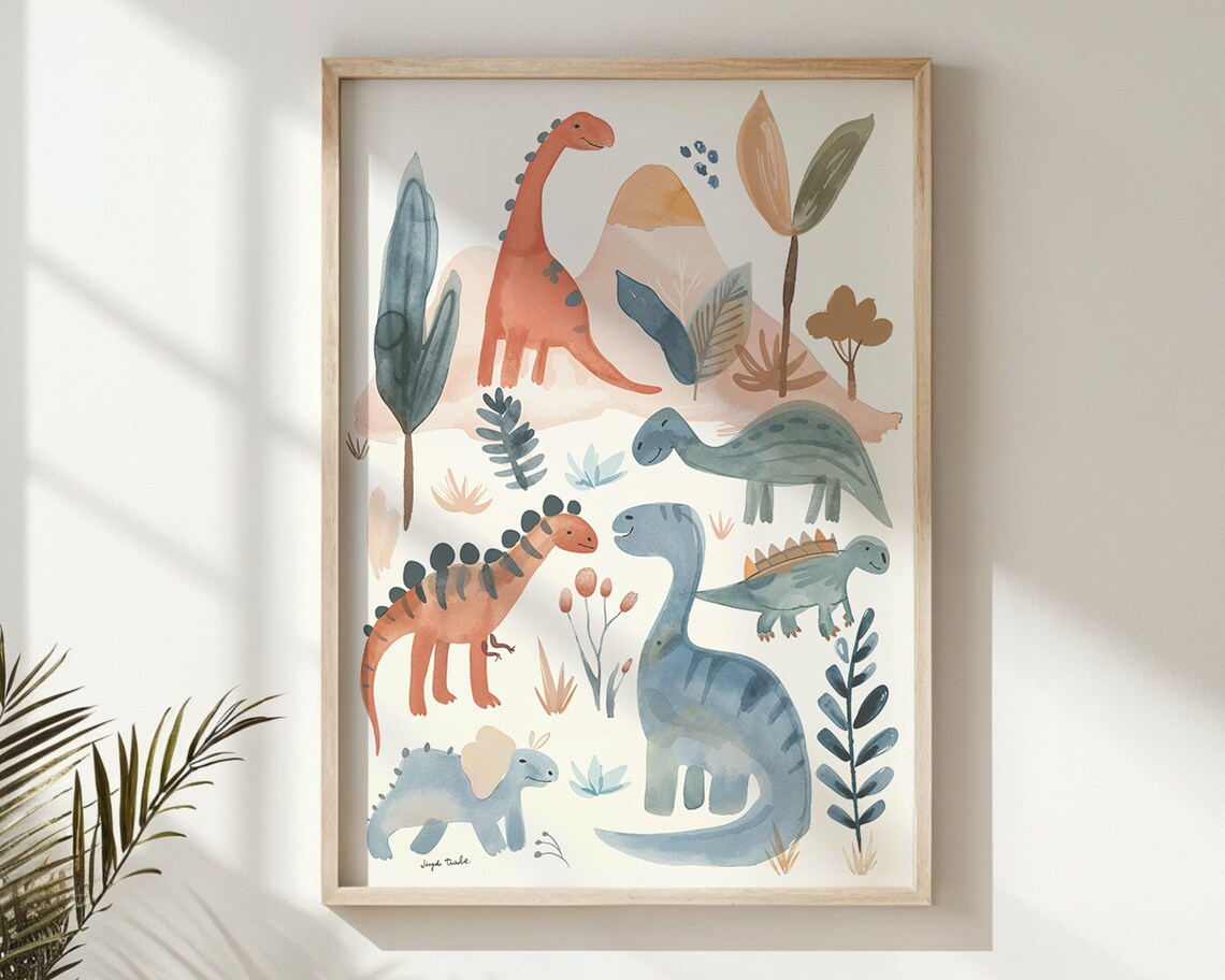 Watercolor Dinosaurs Nursery Poster Print for Playroom
